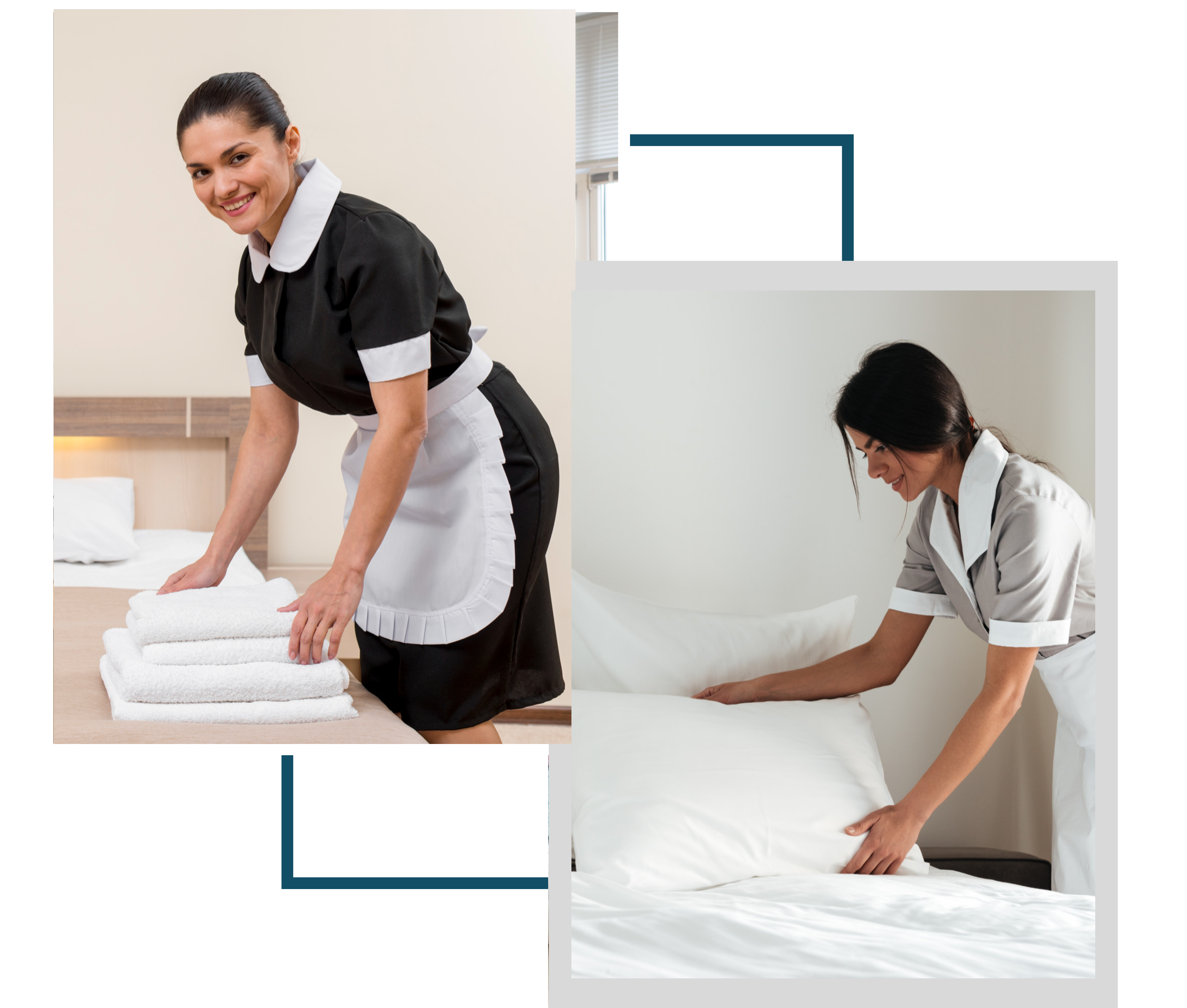 Housekeeping staff making a bed in a hotel room.